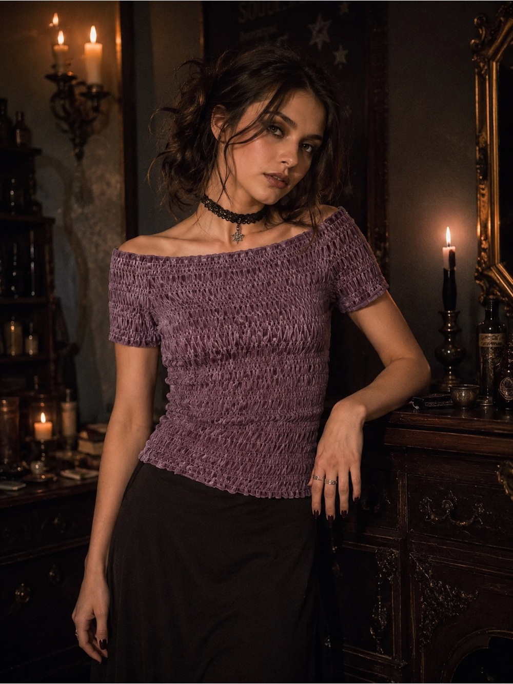 Aeropastel Purple Crushed Velvet Smocked Off The Shoulder Top 90s Whimsigoth Y2K
